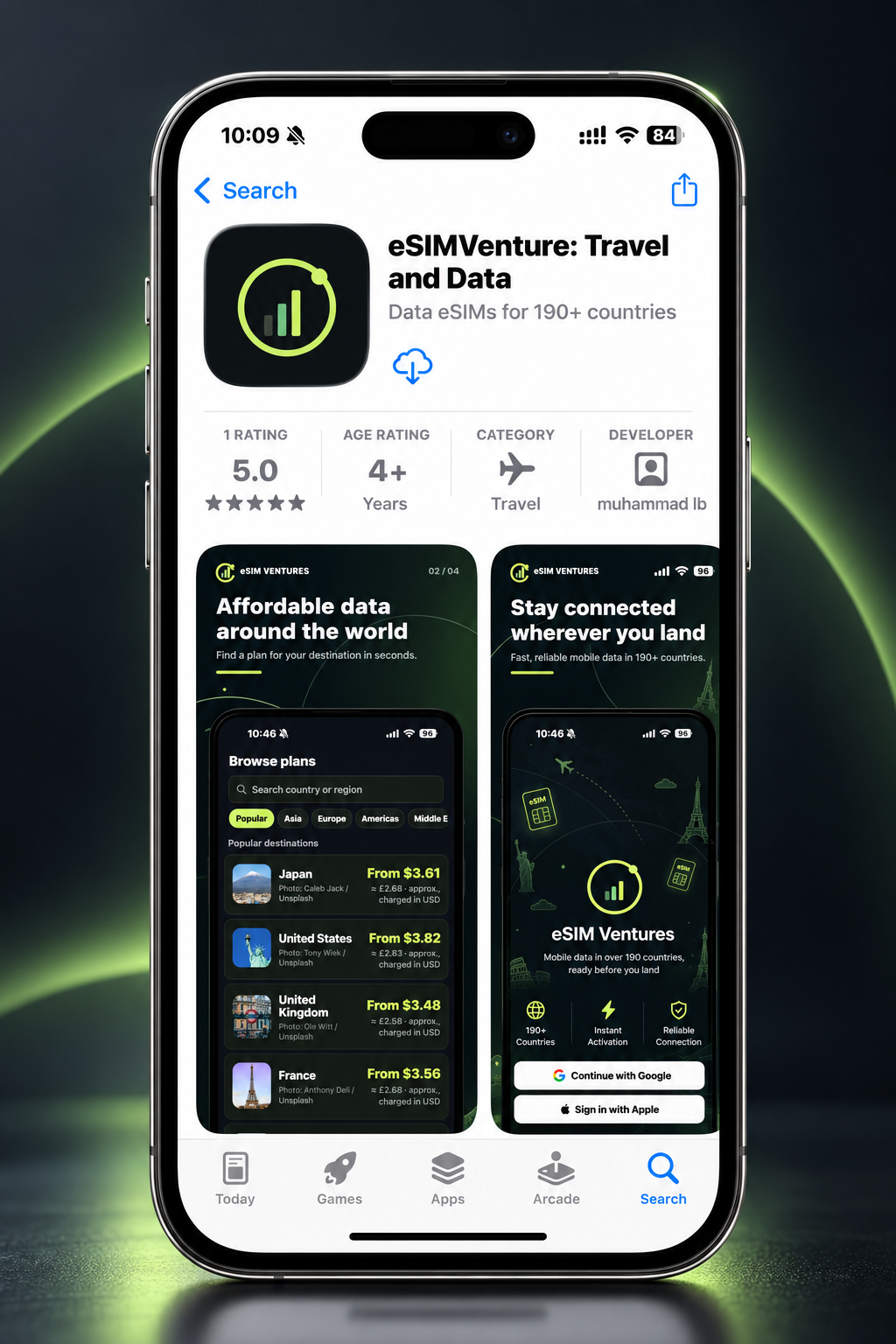 eSIM Ventures shown in the Apple App Store on iPhone
