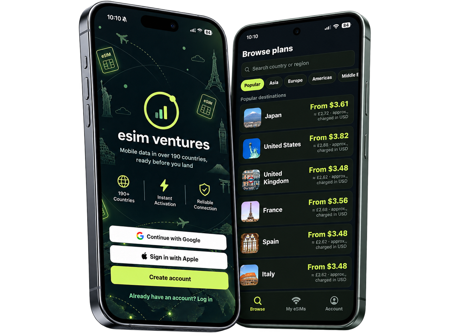 Two phone mockup showing eSIM Ventures welcome screen and browse plans screen